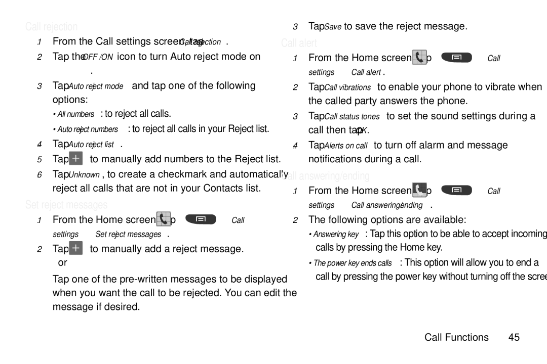 Samsung GT-S7560M user manual Call rejection, Set reject messages, Call alert, Call answering/ending, Tap Auto reject list 