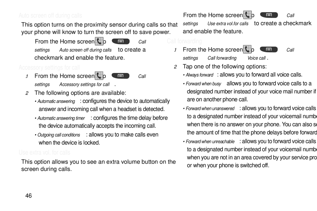 Samsung GT-S7560M Auto screen off during calls, Accessory settings for call, Use extra vol. for calls, Call forwarding 