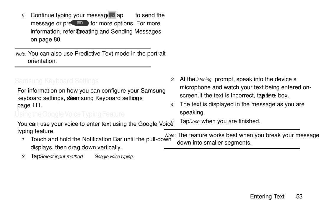 Samsung GT-S7560M user manual Samsung Keyboard Settings, Tap Select input method Google voice typing 