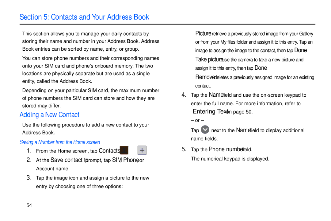 Samsung GT-S7560M user manual Contacts and Your Address Book, Adding a New Contact, Saving a Number from the Home screen 