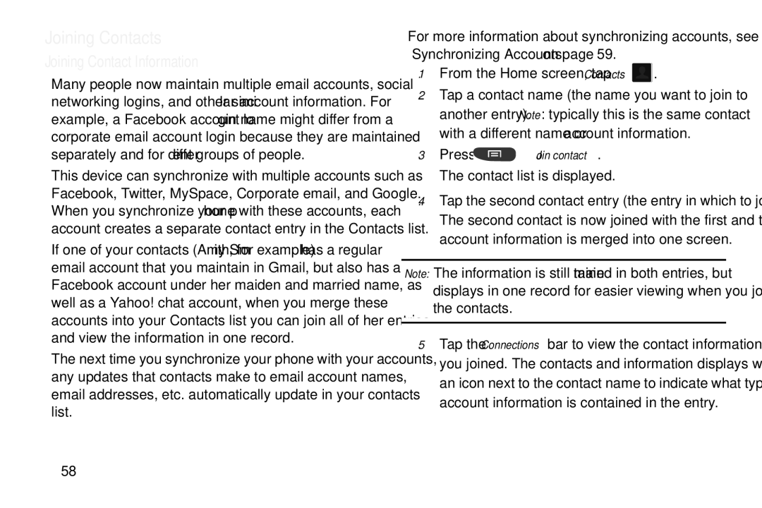 Samsung GT-S7560M user manual Joining Contacts, Joining Contact Information 