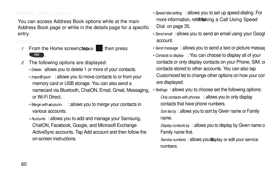 Samsung GT-S7560M Address Book Options, Options in Address Book, Settings allows you to choose set the following options 