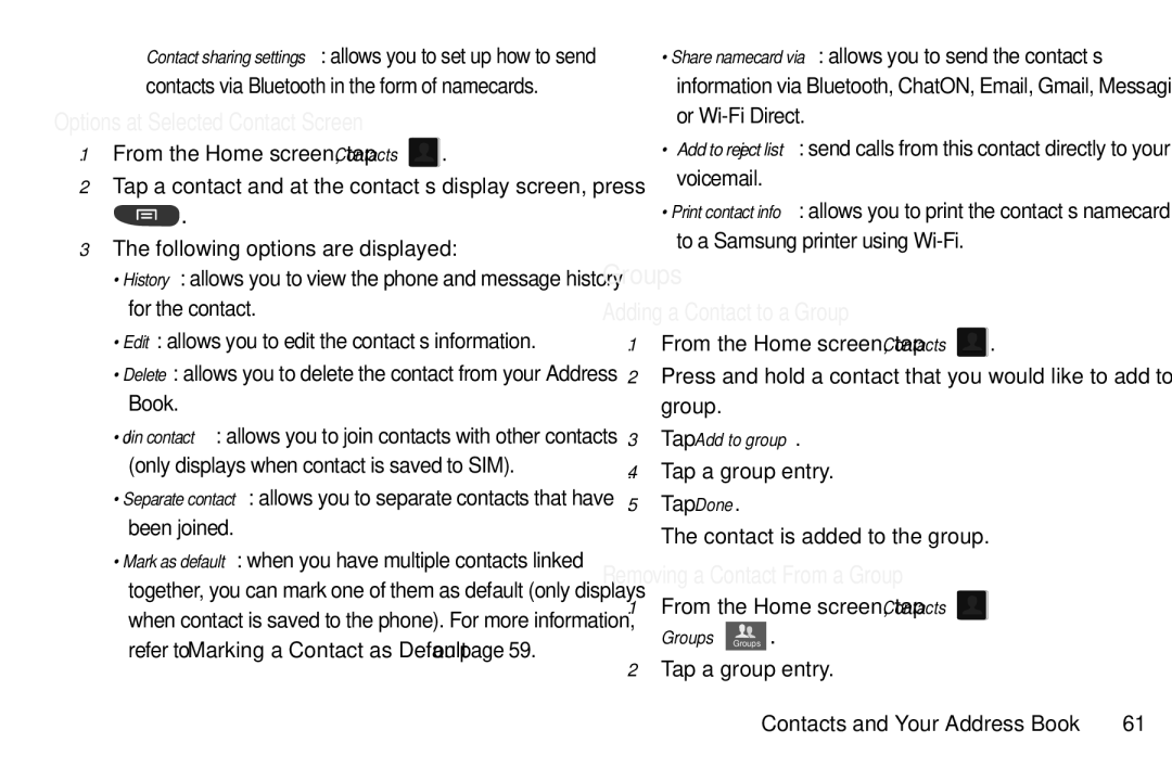 Samsung GT-S7560M Groups, Options at Selected Contact Screen, Adding a Contact to a Group, Removing a Contact From a Group 