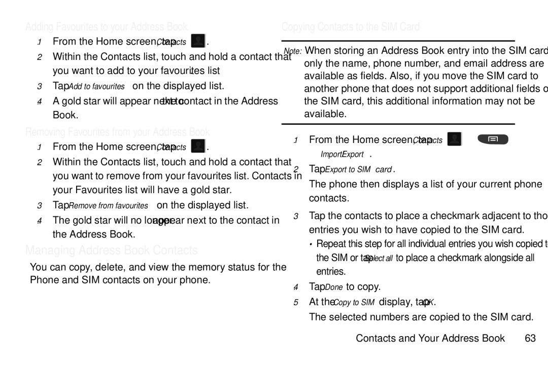 Samsung GT-S7560M Managing Address Book Contacts, Adding Favourites to your Address Book, Copying Contacts to the SIM Card 