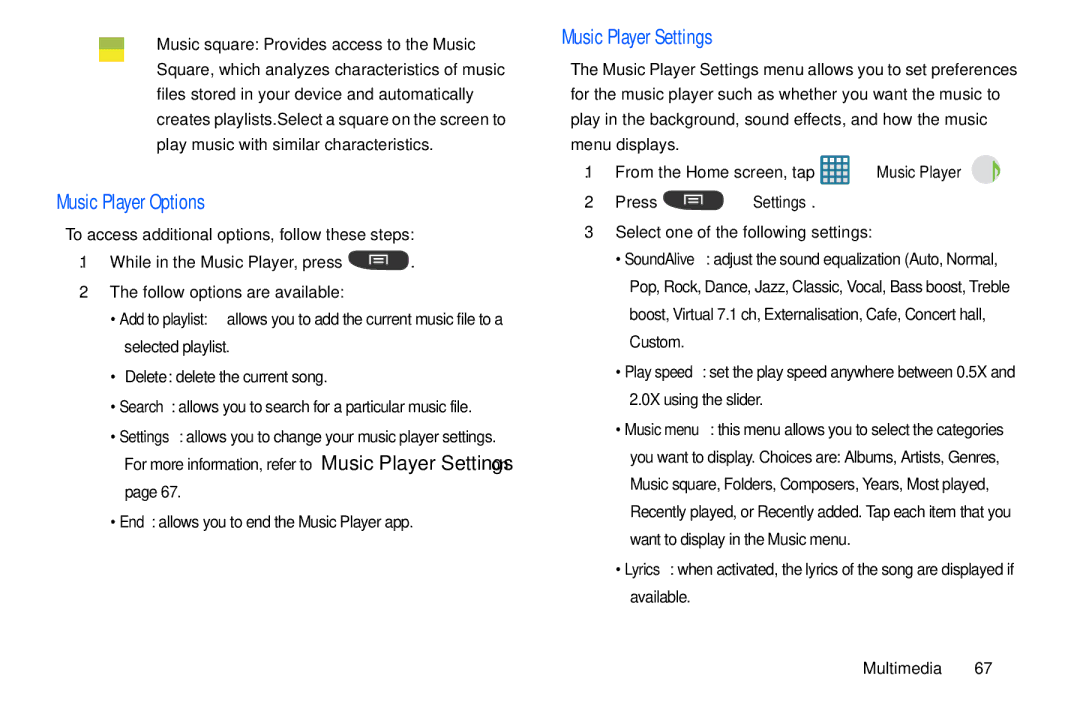 Samsung GT-S7560M user manual Music Player Options, Music Player Settings, Press Settings 