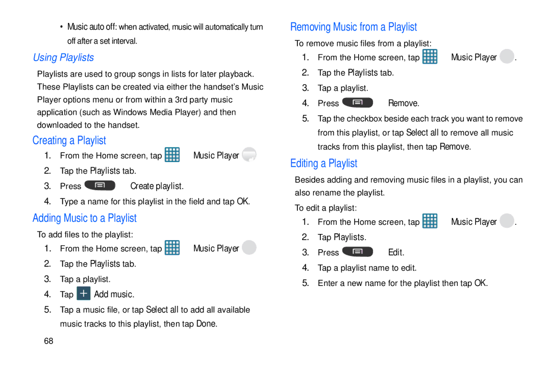 Samsung GT-S7560M Using Playlists, Creating a Playlist, Adding Music to a Playlist, Removing Music from a Playlist 