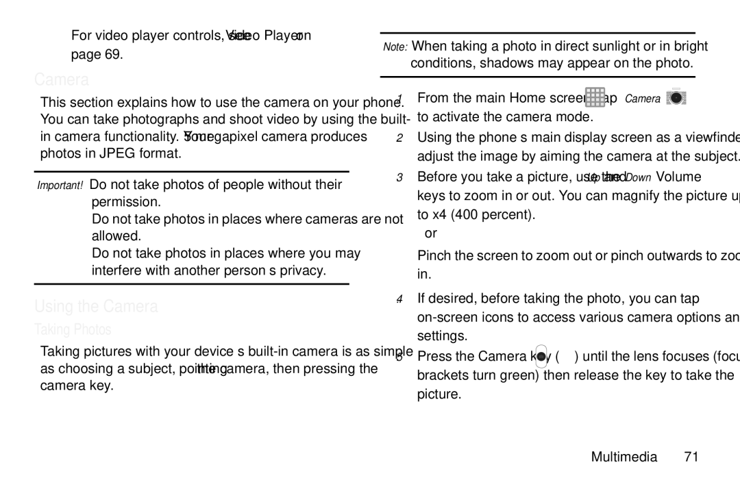 Samsung GT-S7560M user manual Using the Camera, Taking Photos, For video player controls, see Video Player on 