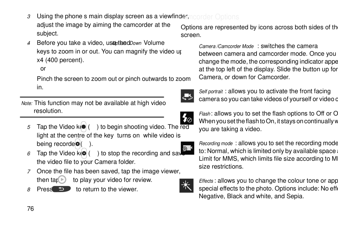 Samsung GT-S7560M user manual Camcorder Options 