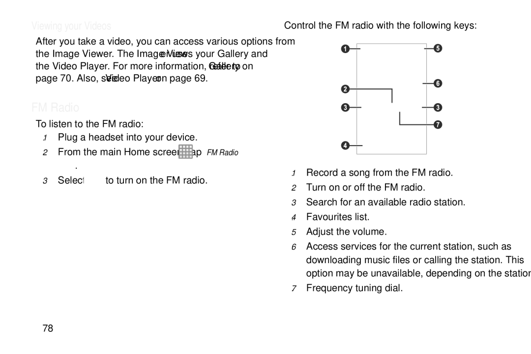 Samsung GT-S7560M user manual FM Radio, Viewing your Videos, Frequency tuning dial 