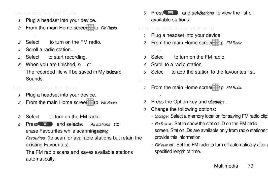 Samsung GT-S7560M Record a song from the FM radio, Save radio stations automatically, Customize FM radio settings 