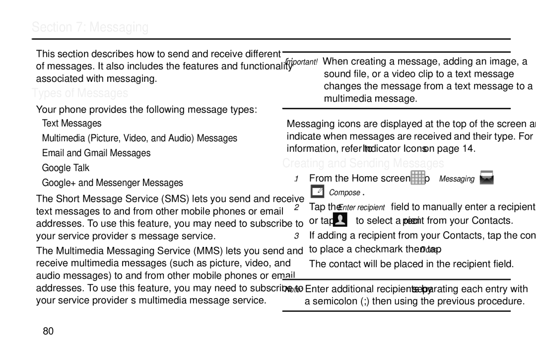 Samsung GT-S7560M user manual Messaging, Types of Messages, Creating and Sending Messages, Compose 