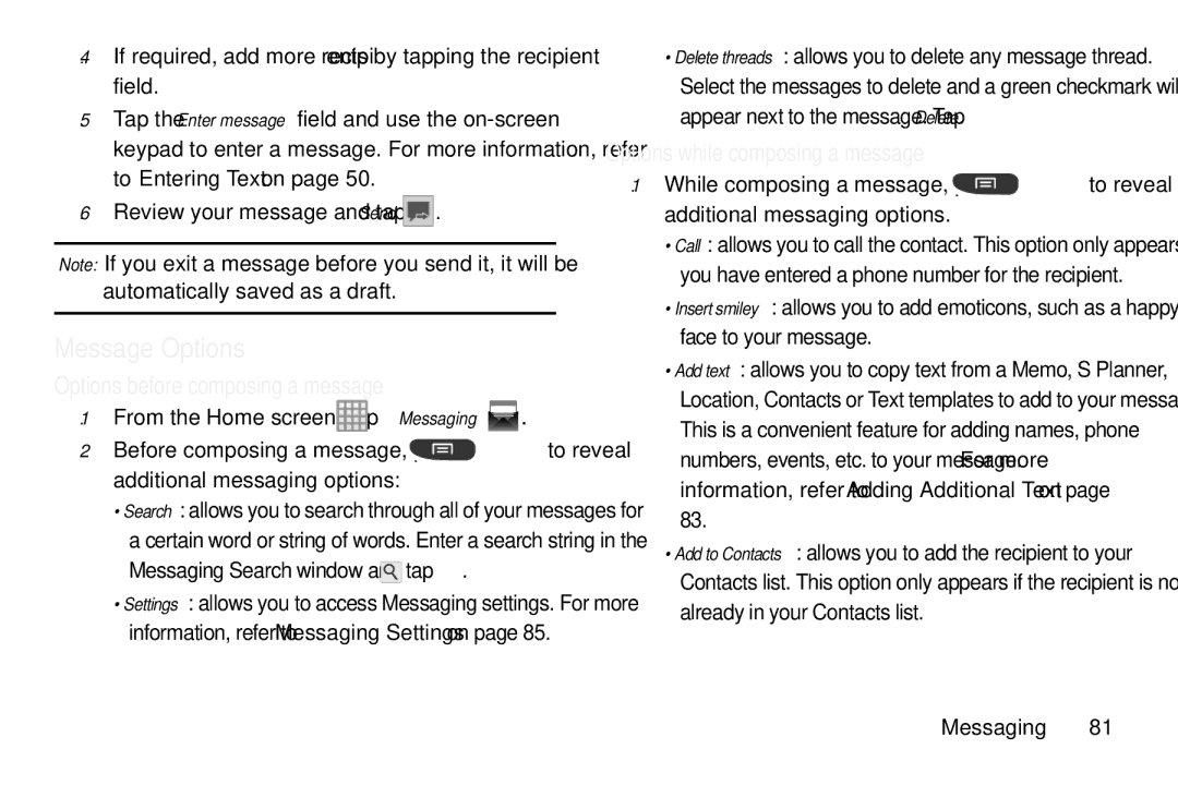 Samsung GT-S7560M Message Options, Options before composing a message, Options while composing a message, Messaging 