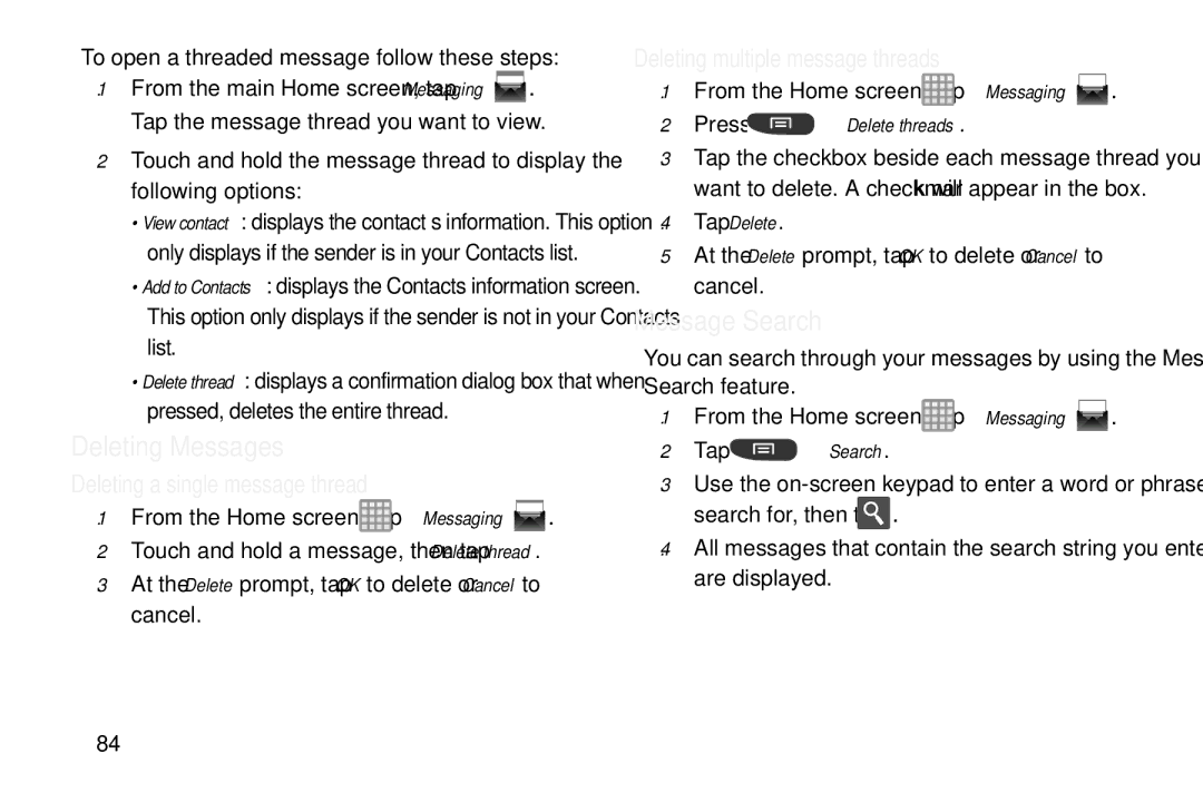 Samsung GT-S7560M Deleting Messages, Message Search, Deleting a single message thread, Deleting multiple message threads 