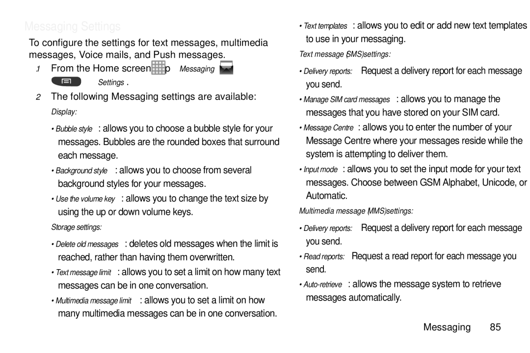 Samsung GT-S7560M user manual Messaging Settings, Display, Storage settings, Text message SMS settings 