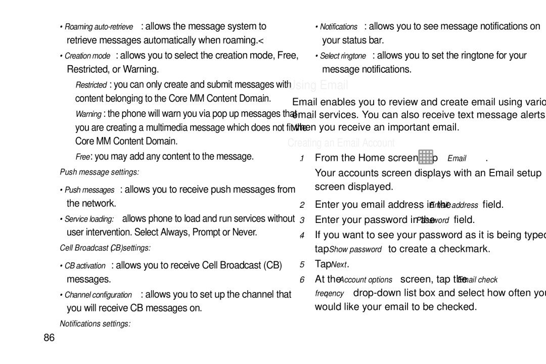 Samsung GT-S7560M user manual Using Email, Creating an Email Account, Push message settings, Cell Broadcast CB settings 