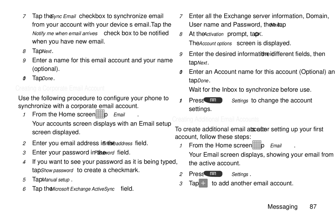 Samsung GT-S7560M user manual Creating a Corporate Email Account, Creating Additional Email Accounts 