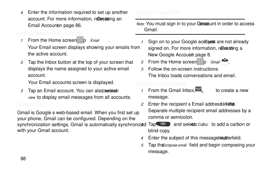 Samsung GT-S7560M Using Gmail, Switching Between Email Accounts, Signing into Your Gmail, Creating a Gmail Message 