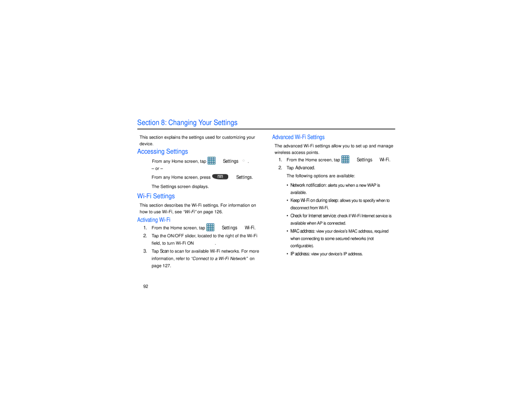 Samsung GT-S7560M user manual Changing Your Settings, Accessing Settings, Activating Wi-Fi, Advanced Wi-Fi Settings 