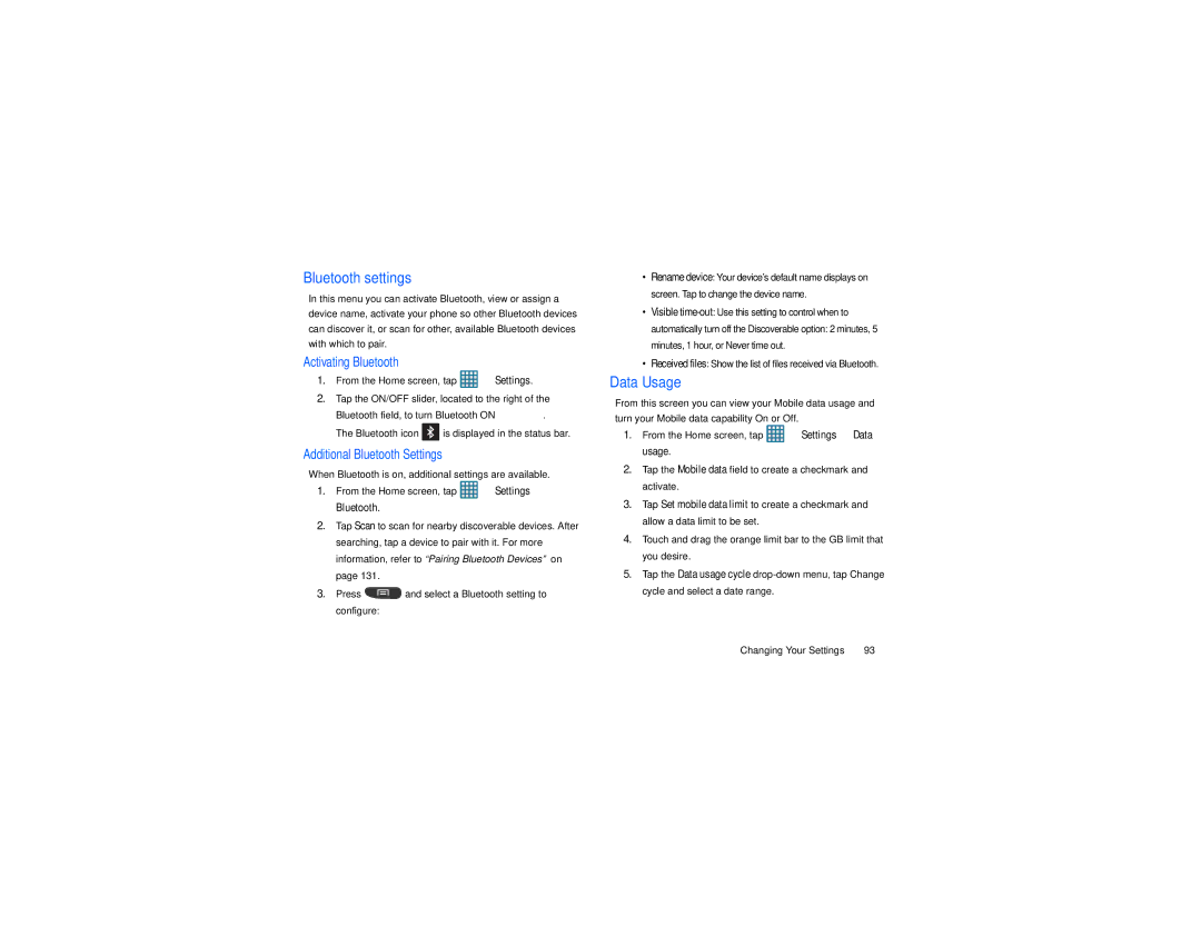 Samsung GT-S7560M user manual Bluetooth settings, Data Usage, When Bluetooth is on, additional settings are available 