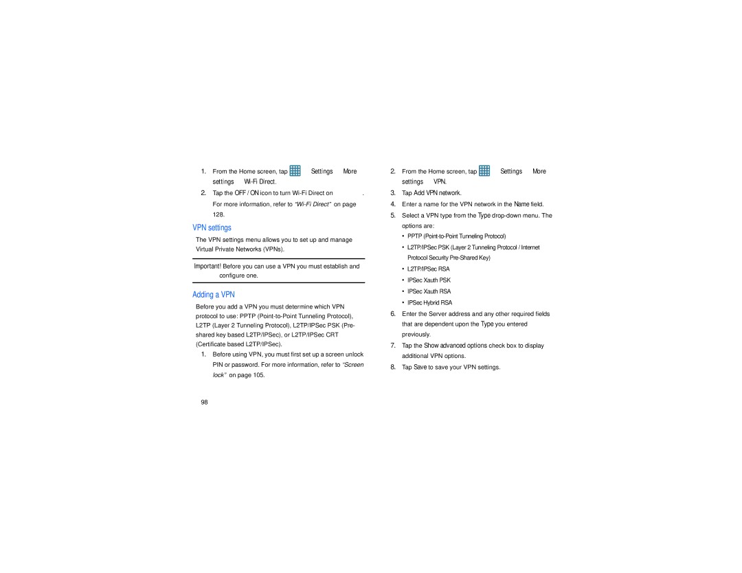 Samsung GT-S7560M user manual Tap Save to save your VPN settings, Adding a VPN 