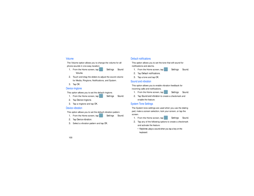 Samsung GT-S7560M user manual Tap a ringtone and tap OK, Select a vibration pattern and tap OK, Tap a tone and tap OK, 100 