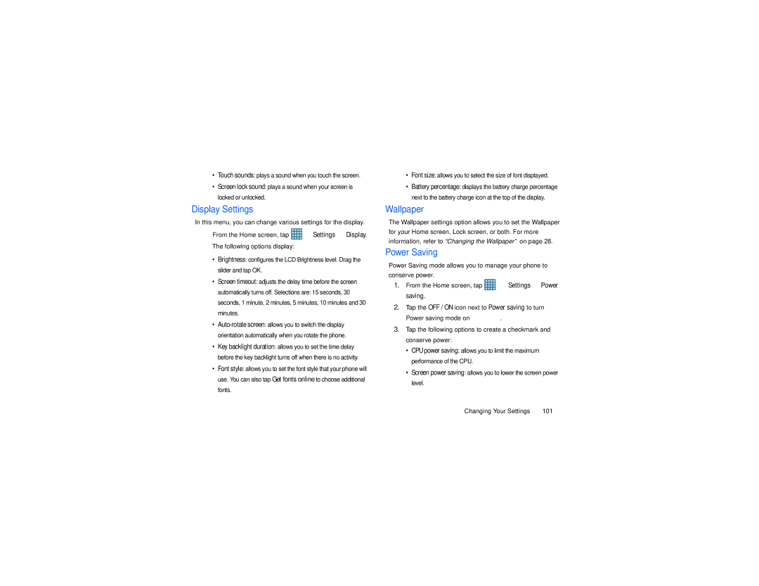 Samsung GT-S7560M user manual Display Settings, Wallpaper, Power Saving, Changing Your Settings 101 