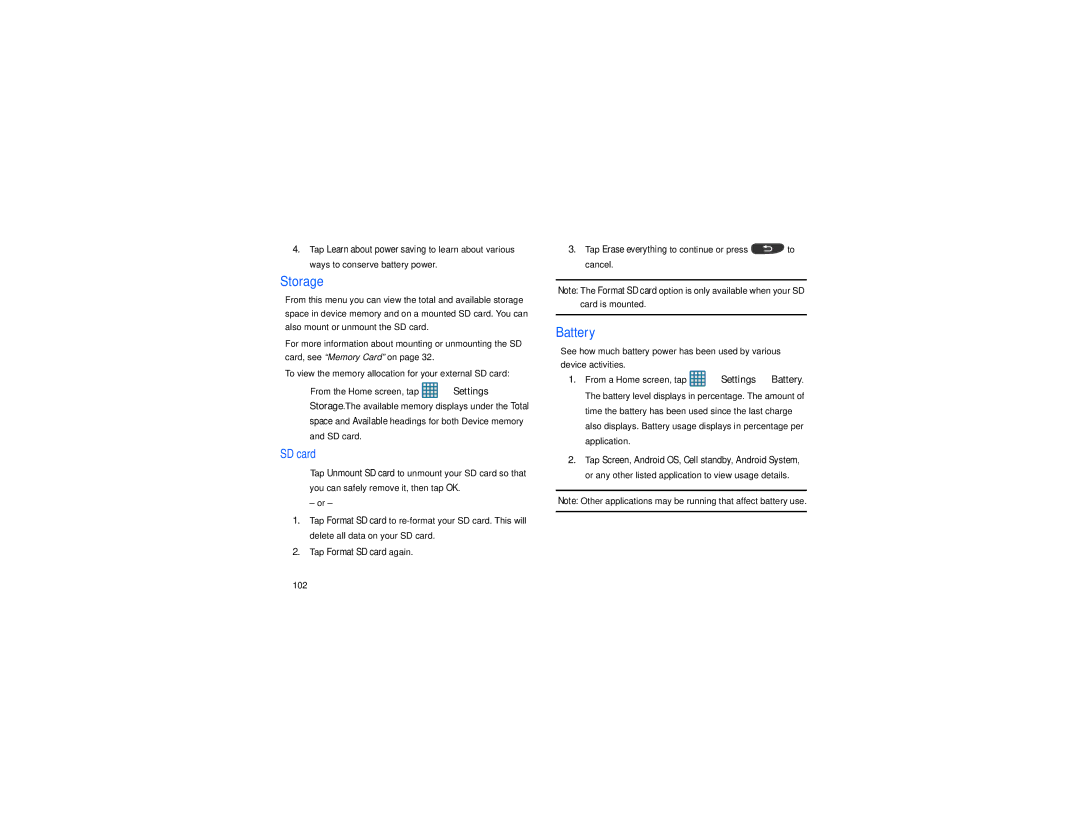 Samsung GT-S7560M user manual Storage, Battery, Tap Erase everything to continue or press to cancel, 102, SD card 