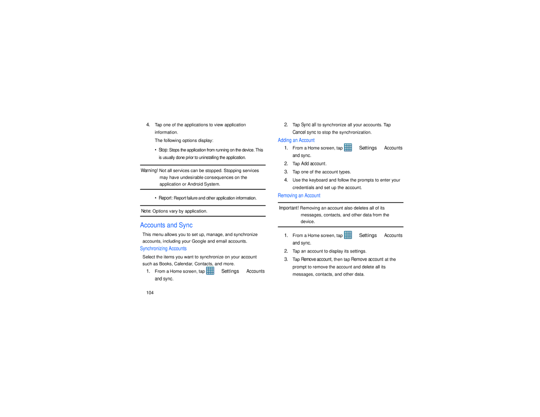 Samsung GT-S7560M user manual Accounts and Sync, Tap an account to display its settings, 104 
