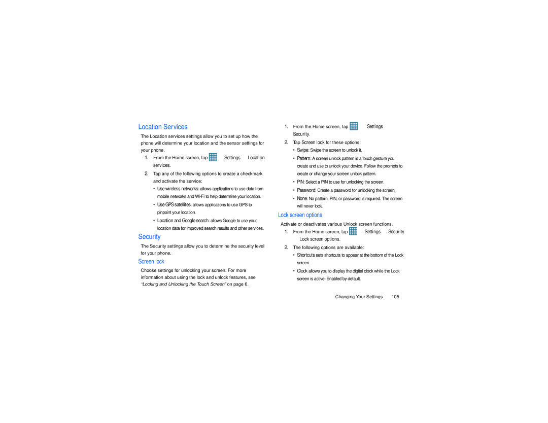 Samsung GT-S7560M user manual Location Services, Security, Tap Screen lock for these options, Changing Your Settings 105 