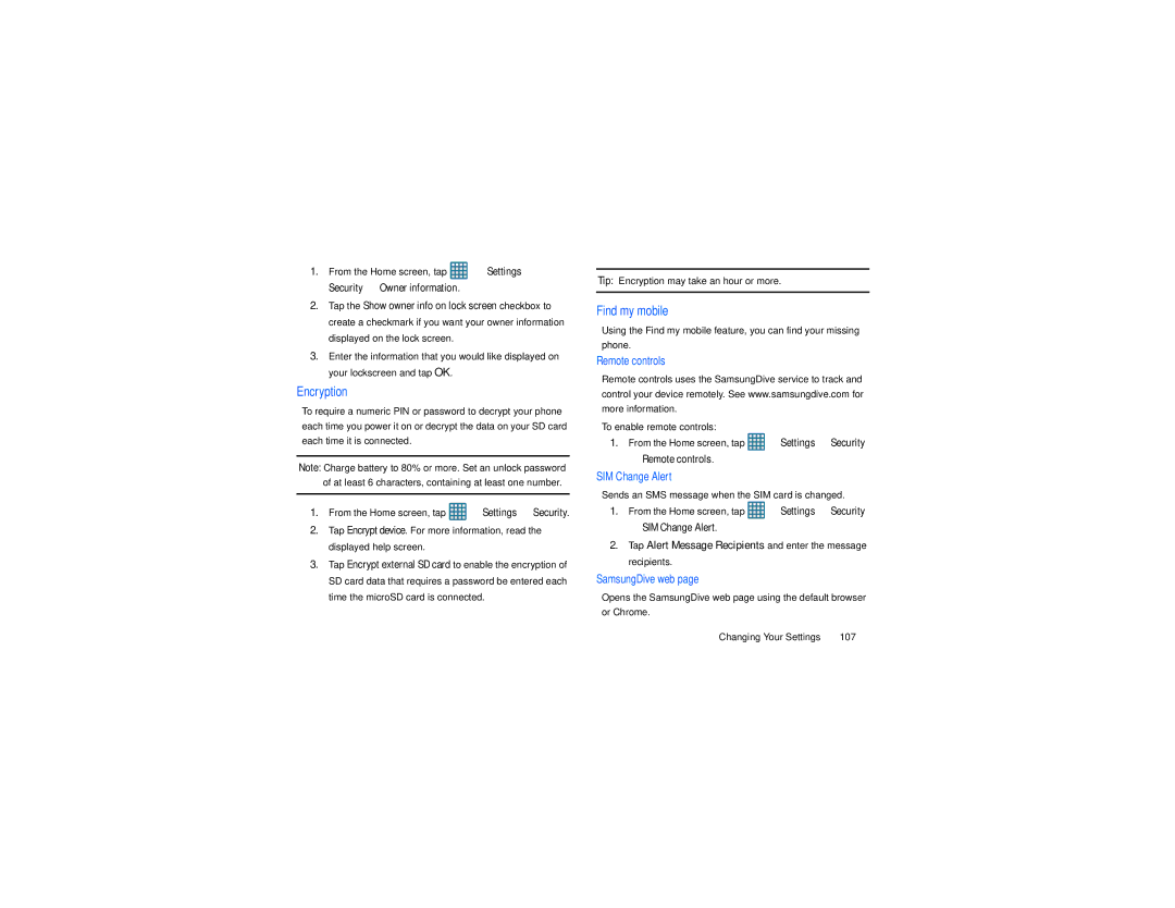 Samsung GT-S7560M user manual Tip Encryption may take an hour or more, Find my mobile, Remote controls, SIM Change Alert 