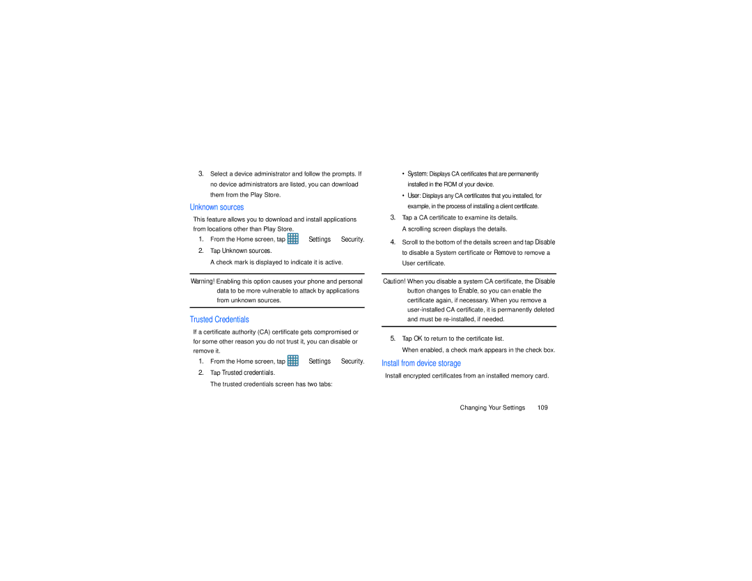 Samsung GT-S7560M user manual Check mark is displayed to indicate it is active, Trusted credentials screen has two tabs 