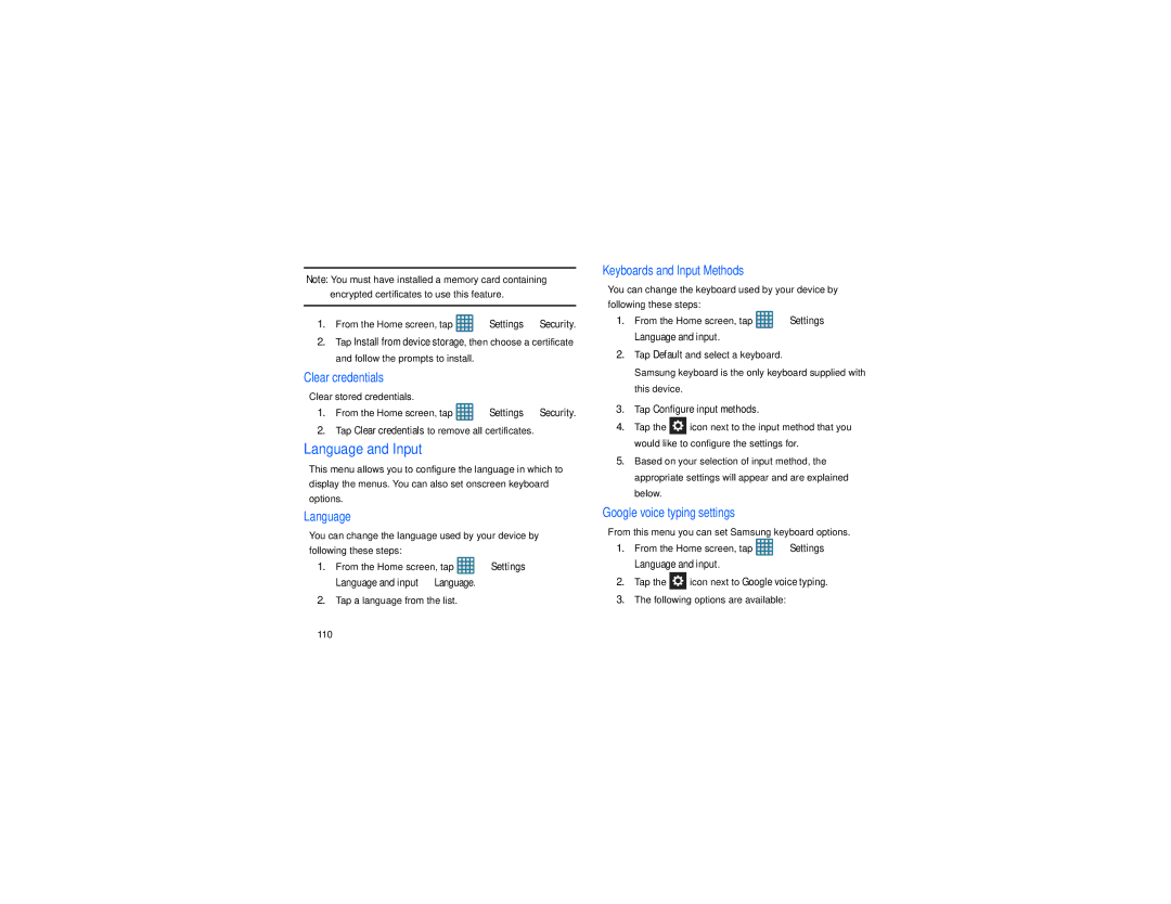 Samsung GT-S7560M Language and Input, Clear stored credentials, Tap Clear credentials to remove all certificates 