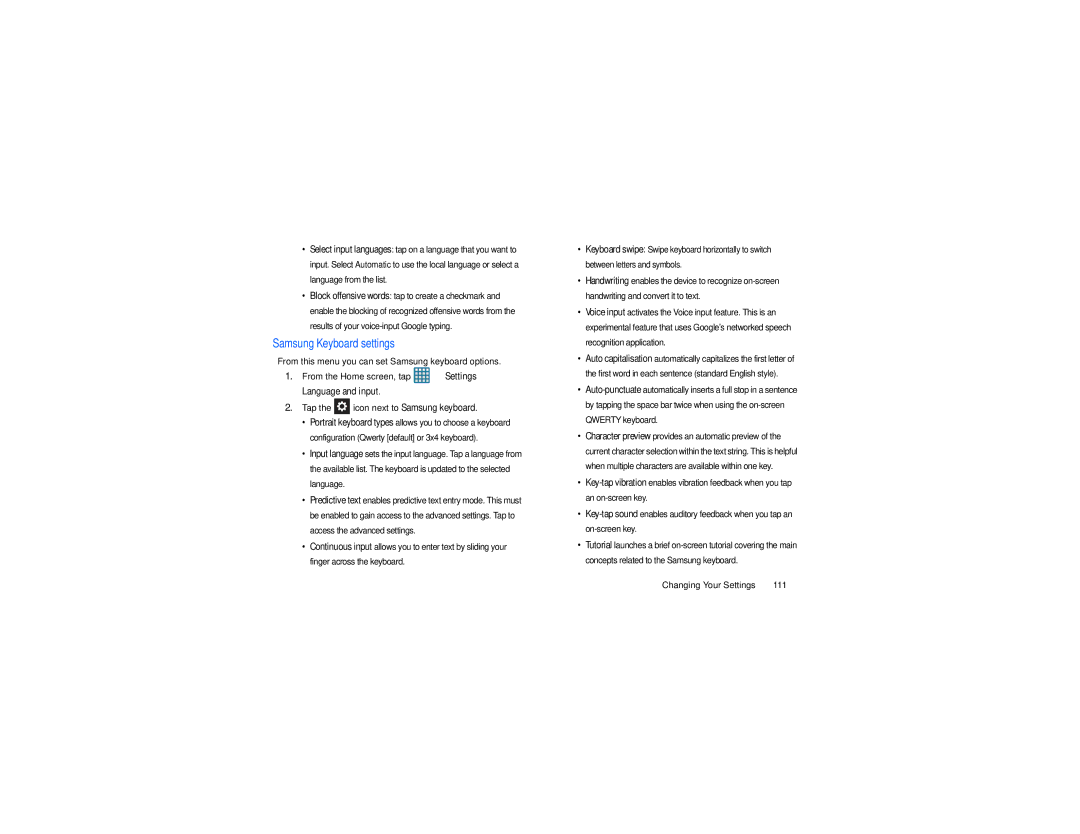 Samsung GT-S7560M user manual Tap the icon next to Samsung keyboard, Changing Your Settings 111, Samsung Keyboard settings 