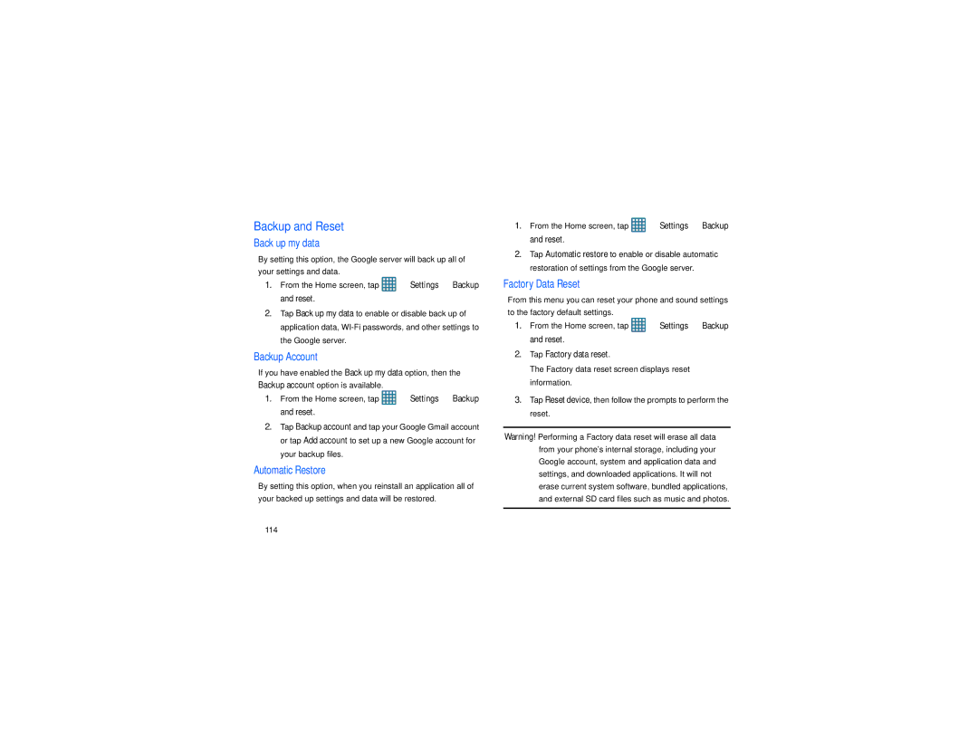Samsung GT-S7560M user manual Backup and Reset, Back up my data, Backup Account, Automatic Restore, Factory Data Reset 