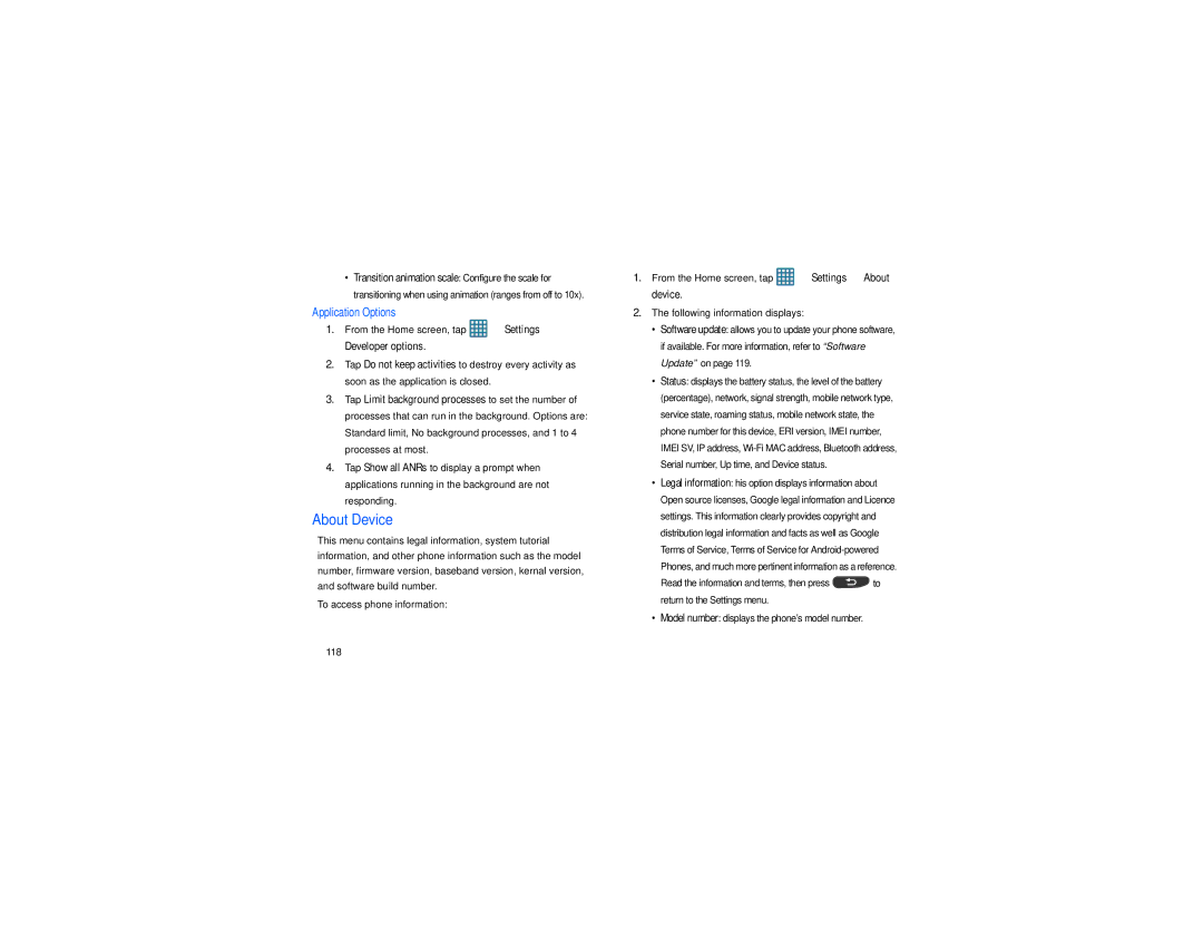 Samsung GT-S7560M About Device, Following information displays, 118, From the Home screen, tap Settings About device 
