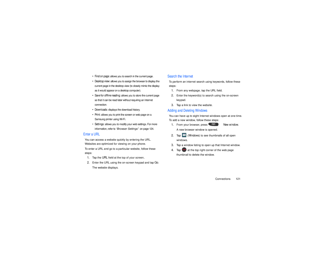 Samsung GT-S7560M user manual Enter a URL, Search the Internet, Adding and Deleting Windows 