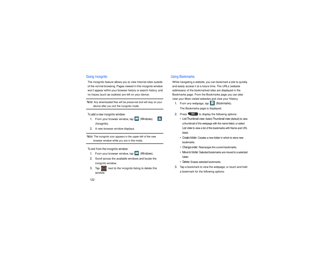 Samsung GT-S7560M user manual New browser window displays, Window, Press to display the following options, Going Incognito 