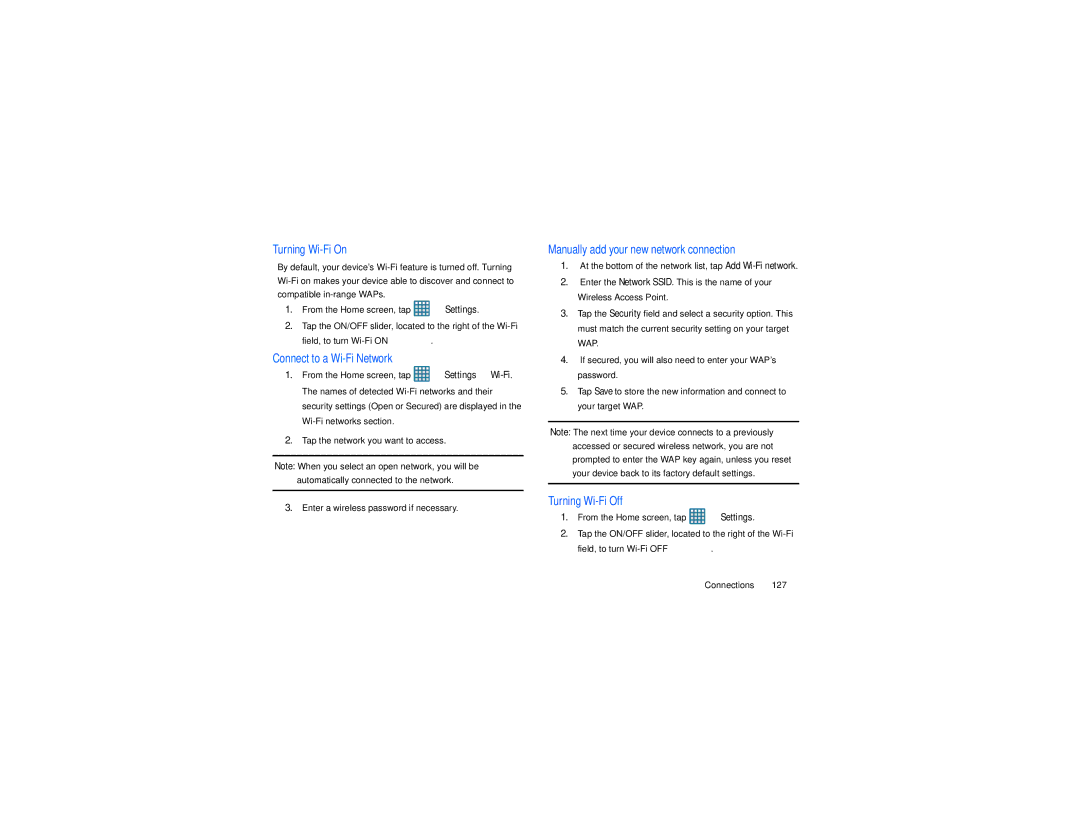 Samsung GT-S7560M user manual Turning Wi-Fi On, Connect to a Wi-Fi Network, Manually add your new network connection 