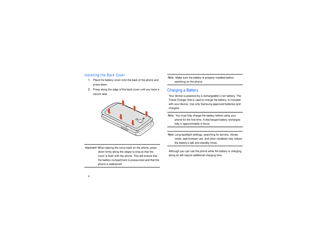 Samsung GT-S7560M user manual Charging a Battery, Installing the Back Cover 