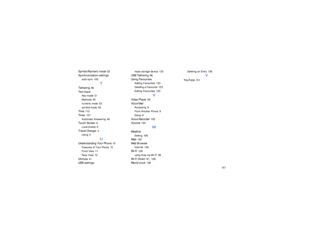 Samsung GT-S7560M Auto-sync, Abc mode 51 Methods 50 numeric mode 52 symbol mode, Automatic Answering, Lock/Unlock, Using 