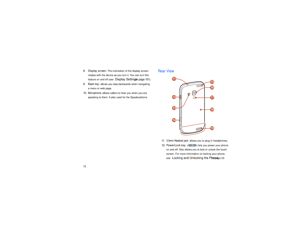 Samsung GT-S7560M user manual Rear View, 11 .5mm Headset jack allows you to plug in headphones 