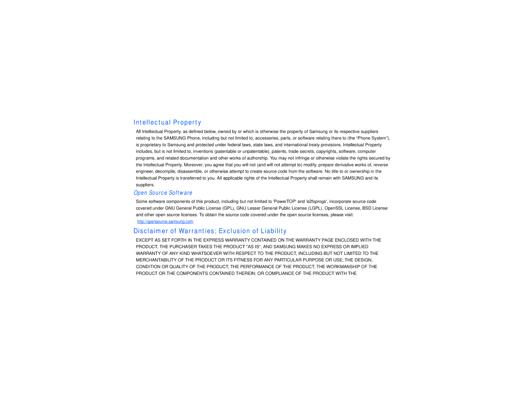 Samsung GT-S7560M user manual Intellectual Property, Disclaimer of Warranties Exclusion of Liability, Open Source Software 
