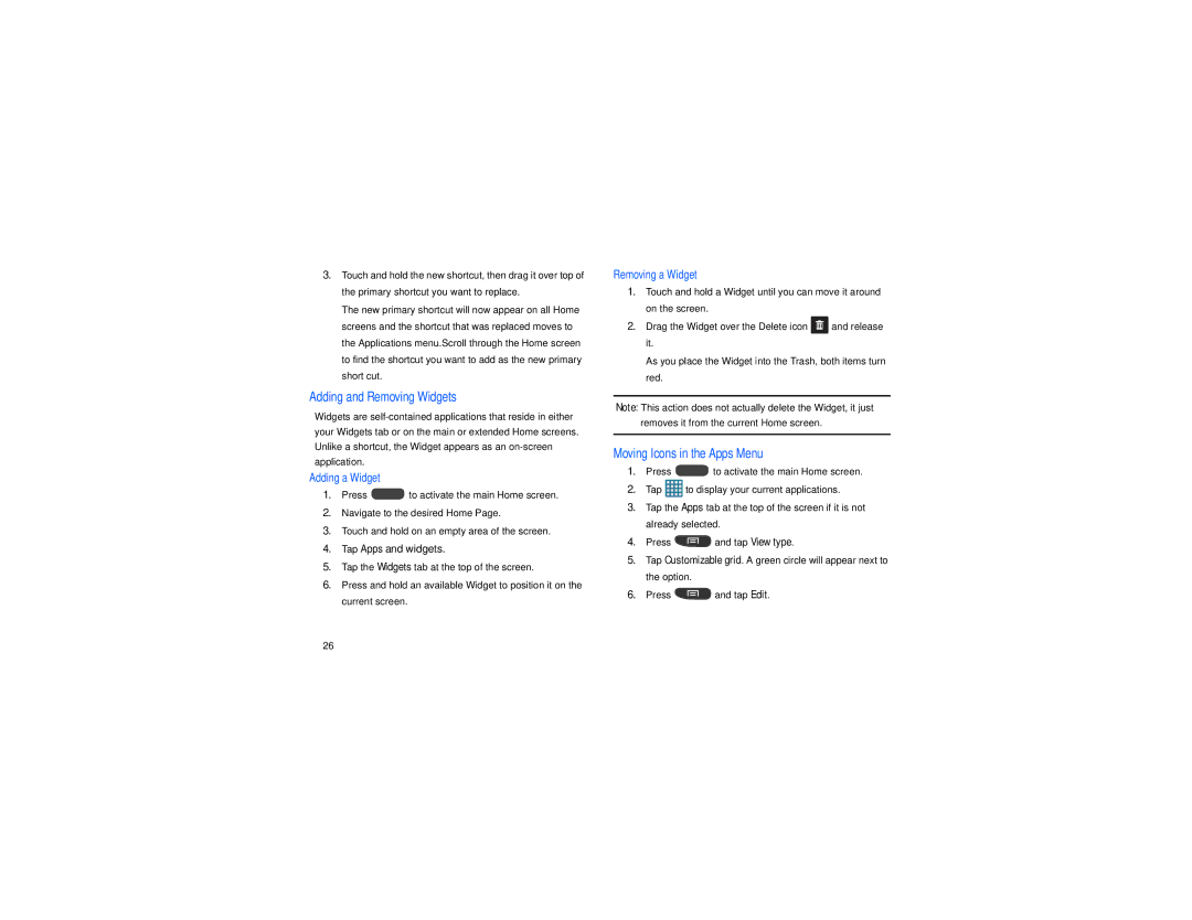 Samsung GT-S7560M user manual Adding and Removing Widgets, Moving Icons in the Apps Menu 