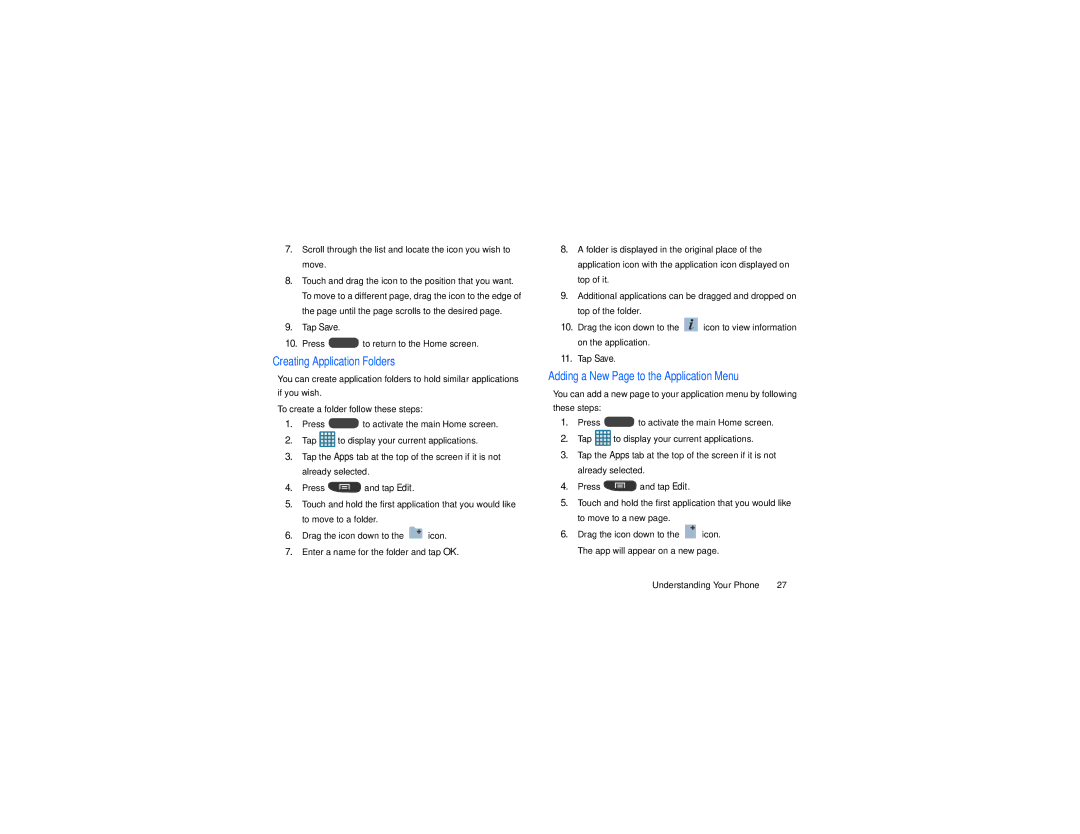 Samsung GT-S7560M user manual Tap Save Press to return to the Home screen, Creating Application Folders 