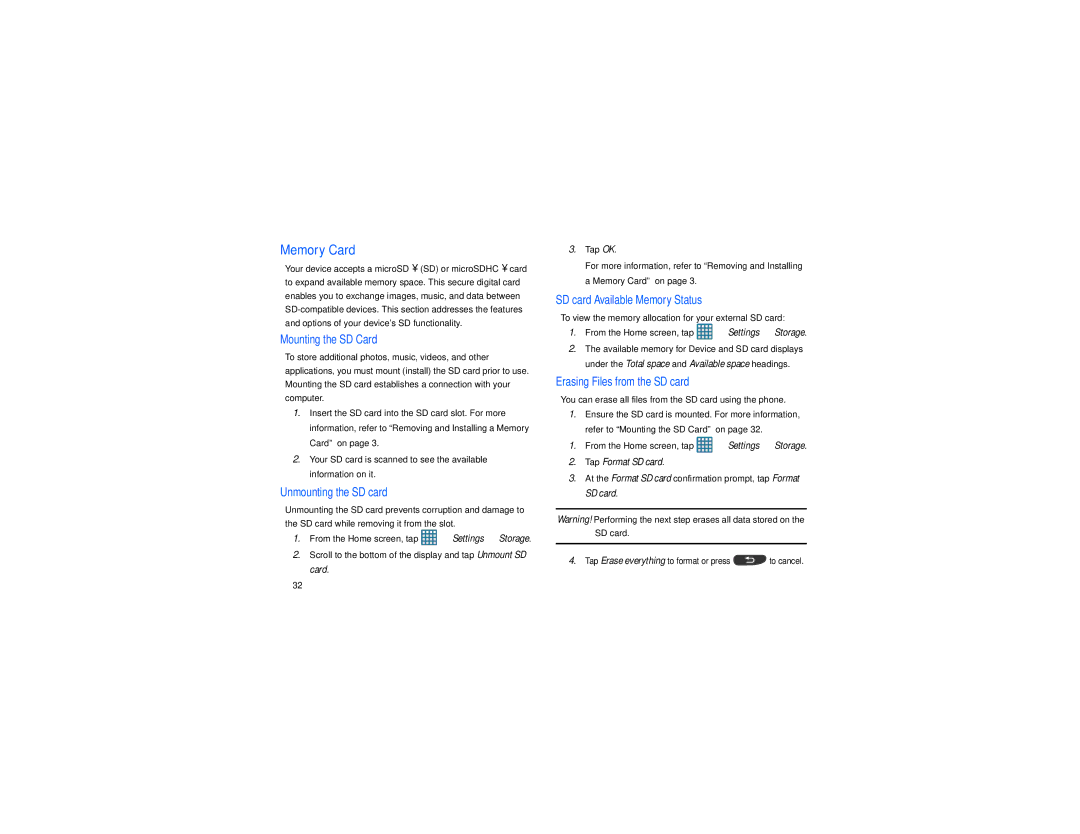 Samsung GT-S7560M user manual Memory Card, To view the memory allocation for your external SD card 