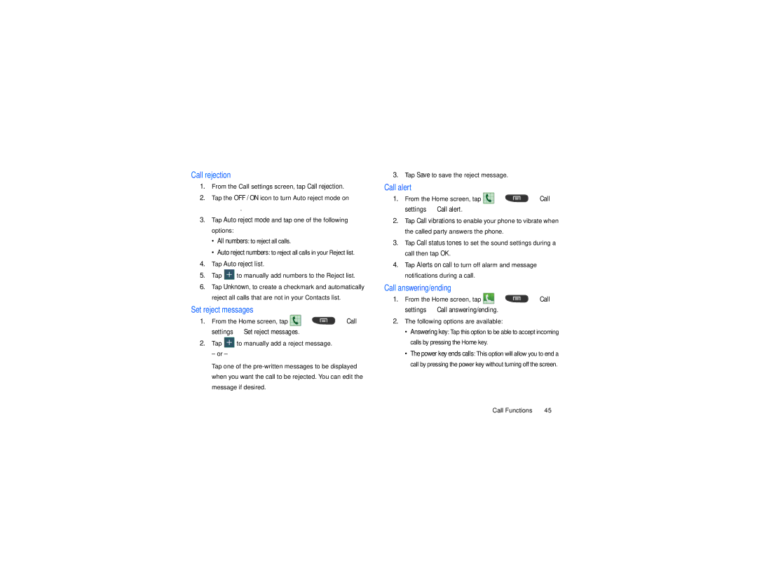 Samsung GT-S7560M user manual Tap to manually add numbers to the Reject list, Following options are available 