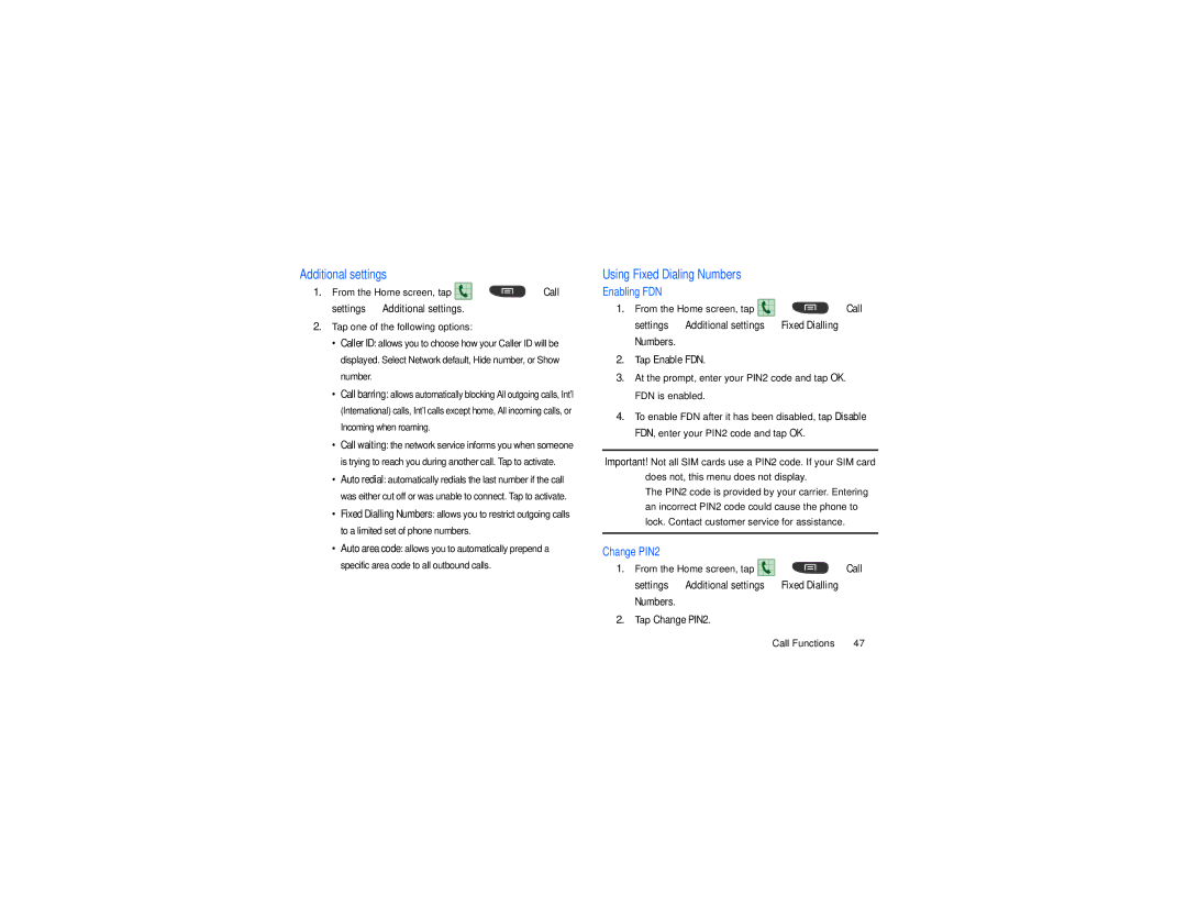 Samsung GT-S7560M user manual From the Home screen, tap Call settings Additional settings, Using Fixed Dialing Numbers 