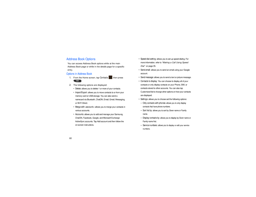 Samsung GT-S7560M user manual Address Book Options, Options in Address Book 