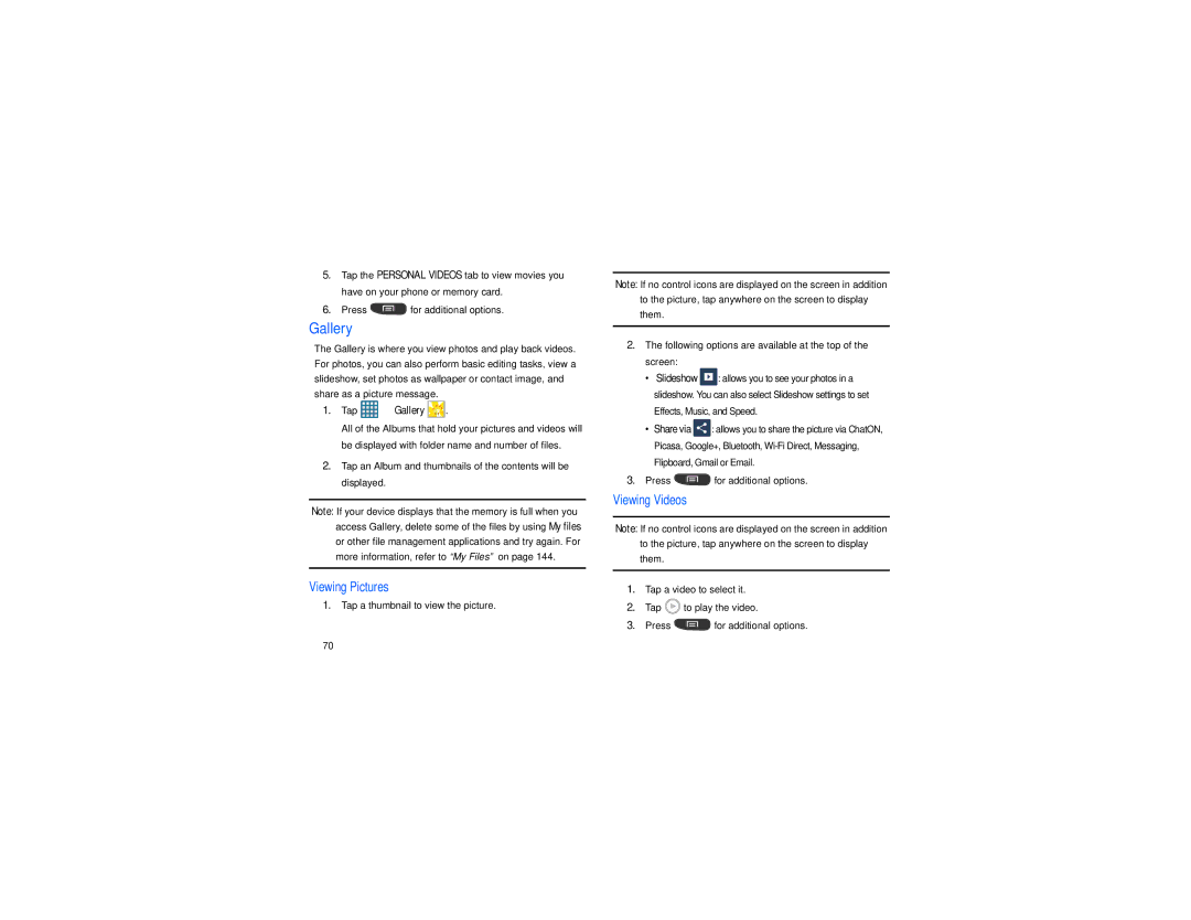 Samsung GT-S7560M user manual Tap Gallery, Viewing Pictures, Viewing Videos 