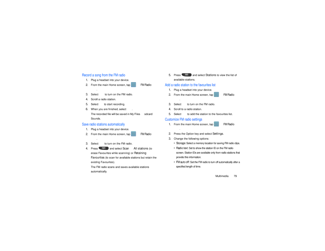 Samsung GT-S7560M Record a song from the FM radio, Save radio stations automatically, Customize FM radio settings 